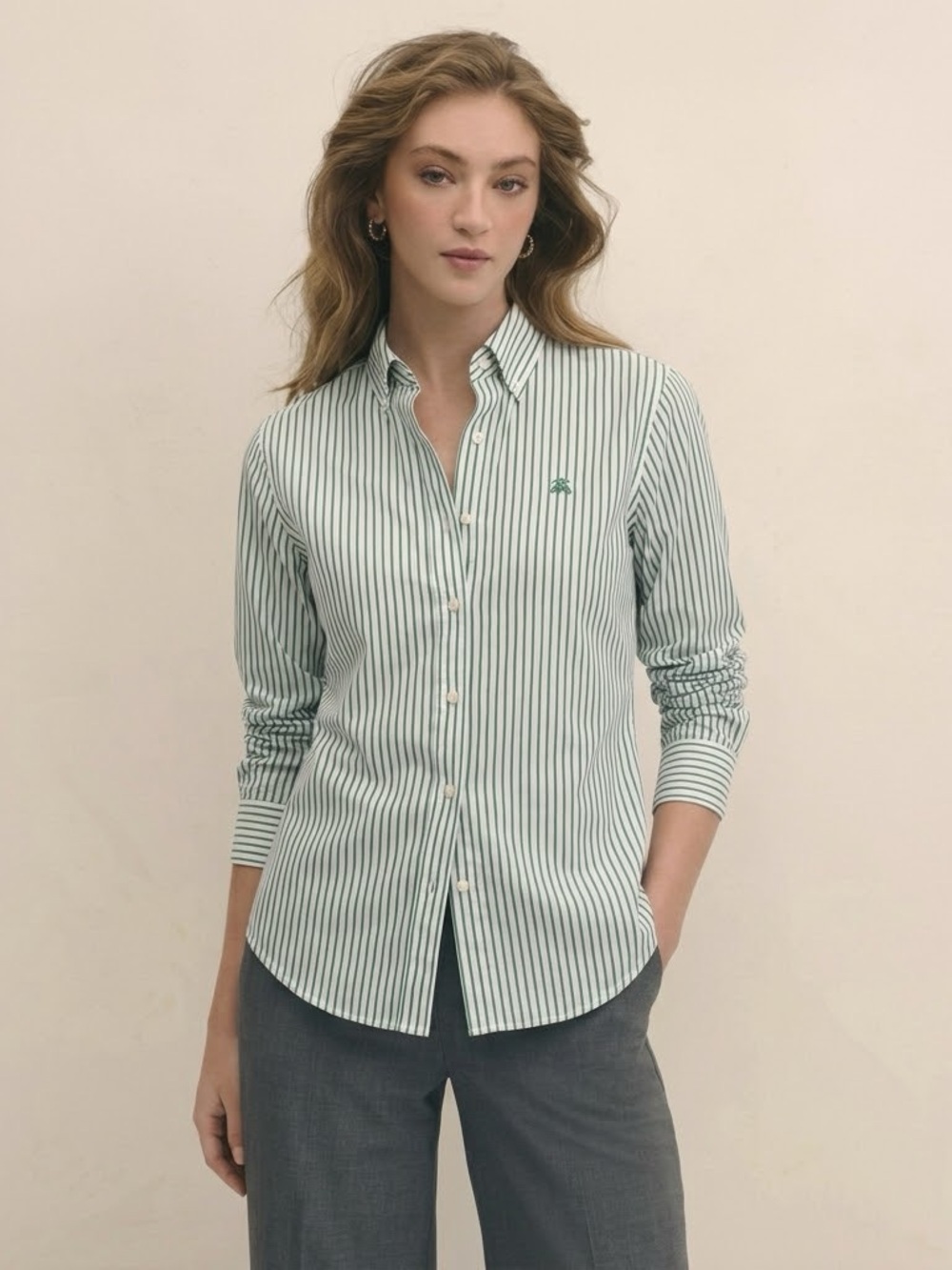 Brooks Brothers Size 8 Green White Striped Non-Iron Stretch Shirt Classic Fall